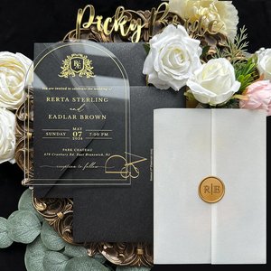 Invitation de mariage en acrylique transparent avec enveloppe noire, invitations transparentes et chaînes en vélin, sceau de cire personnalisé - Product Image 1