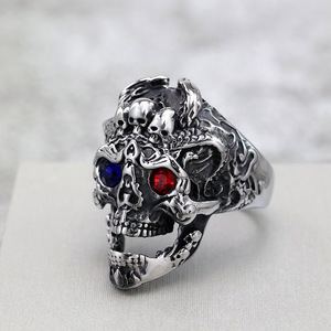 Retro Stainless Steel Men's <b>Skull</b> <b>Ring</b> With Red And Blue Gemstones Punk Style Jewelry Gift - Product Image 2