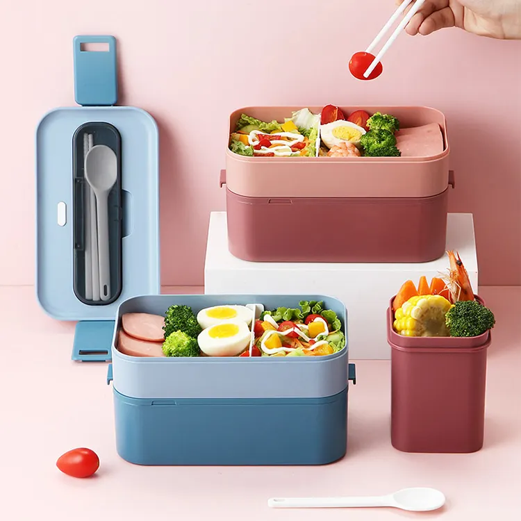 Magnetron Veilig Duurzaam Voedselkwaliteit Plastic Tiffin Bento Box met Eetstokjes Lepel School Kids Container Voedselopslag Lunchbox
