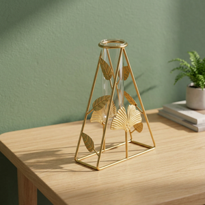 Jarrón Decorativo Industrial de Hierro con Tubo de Vidrio, 20 cm de Altura, Diseño de Hojas Negras, Porta Flores - Product Image 5