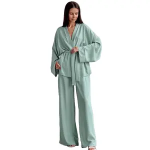 Aoyema Female Sleepwear Autumn 2022 Pajamas Sashes Casual Trouser Suits Loose Women's Nightwear Long Sleeve 2 Piece Sets