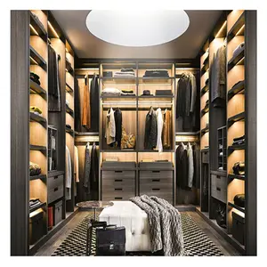 High End Customised Modern Style Walk-in Solid Wood Wardrobe With Lighting Design