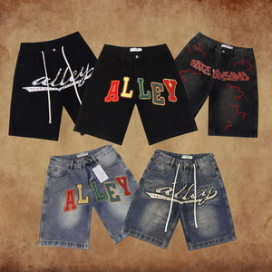 <strong>Men's</strong> Summer Denim Shorts Vale Distressed Washed Streetwear Short Pants Embroidered Rhinestone Letters Y2K Get Full Catalog - Product Image 1