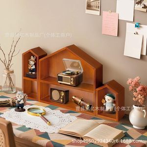 Vintage Solid Wood <b>Desktop</b> Organizer Irregular Shape 2 Tier Standing Type For Study Desk Storage And Display <b>Shelves</b> - Product Image 2