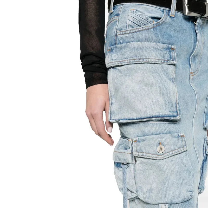 Toptan satış OEM yüksek kalite kişilik etek süper çok cep dekoratif etek moda denim takım etek