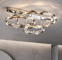 Lustre contemporain personnalisable en fer forgé, anneau géométrique réglable, finition chromée, LED, télécommande, montage en surface