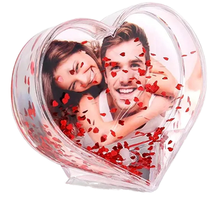 DIY pour cadeau, globe à neige en acrylique et plastique en forme de double cœur, cadre photo avec paillettes - Product Image 2