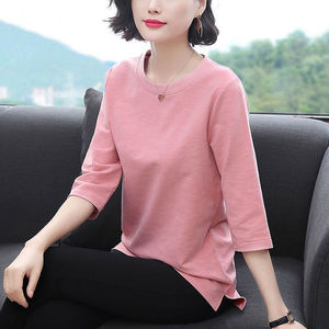 Women's Orange Three-Quarter Sleeve Loose Fit T-Shirt Plus Size Solid Color Casual Top for Middle-Aged Mothers - Product Image 2