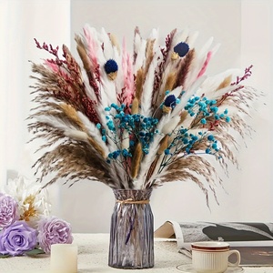 Bouquet d'herbe de la pampa séchée naturelle avec gypsophile bleue et <span class=keywords><strong>chardon</strong></span>, arrangement floral bohème préservé pour la décoration intérieure, mariage - Product Image 1