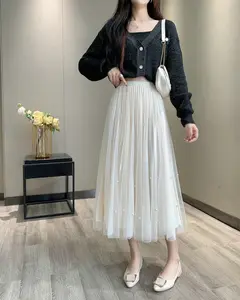Wear a high-waisted tulle maxi skirt on both sides New Spring beaded women's pleated long skirts for women girls skirts