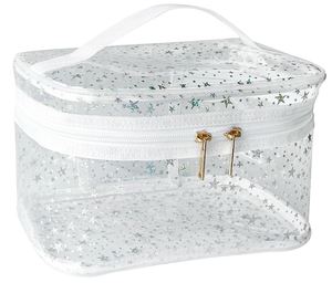 White Star Print PVC Makeup <b>Bag</b> with Handle - 8.66 * 5.51 * 5.51 Inch,<b>Clear</b> Storage <b>Bag</b> <b>Toiletry</b> Pocket Portable Zippered Pouch - Product Image 1