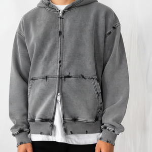 Sudadera con capucha con cremallera sólida lavada con ácido de talla grande para hombre, estampado Digital de estilo informal en algodón y poliéster para invierno - Product Image 1