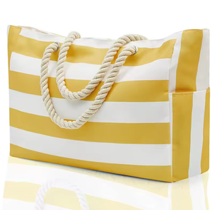 Bolsa de compras de lona ecológica con logotipo personalizado, bolsa de playa a rayas con asa de cuerda de gran capacidad. - Product Image 1