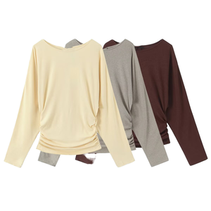 TAOP&ZA Nouvelle Collection Printemps 2026 T-shirt Vintage Femme Coupe Slim Col Rond Manches Longues en Polyester Tissé Uni Imprimé Numérique avec Plis Latéraux - Product Image 1