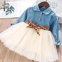 Kleinkind Mädchen White Gaze Kleid Spring Princess Tutu Kleid mit Polka Dot Gürtel Langarm Denim Kleid mit Mesh für Kinder