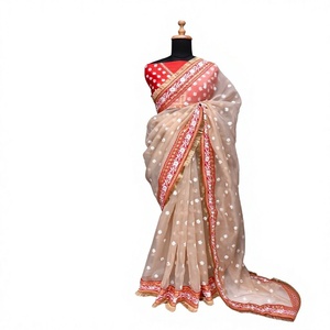 Sari indio premium exclusivo de organza de seda pesada con bordado Zari, diseño elegante para novias y bodas, para mujeres. - Product Image 6