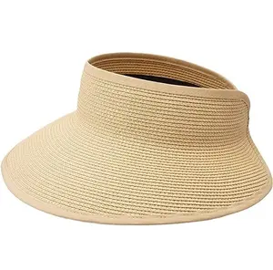 Cappello da donna con tappo a coda di cavallo pieghevole in paglia da spiaggia con visiera e cappello da donna