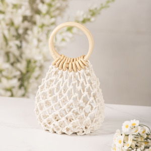 Hollowed Out <b>Fishnet</b> Women's Tote Bag Cotton Weaving Cylindrical Shape Off White Brown Everyday Use Spring 2025 - Product Image 3
