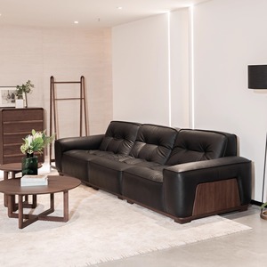 Luxury Ebony Wood Leather <b>Sofa</b> Straight Three Seater Tufted Living Room Set Coffee <b>Table</b> Included - Product Image 3