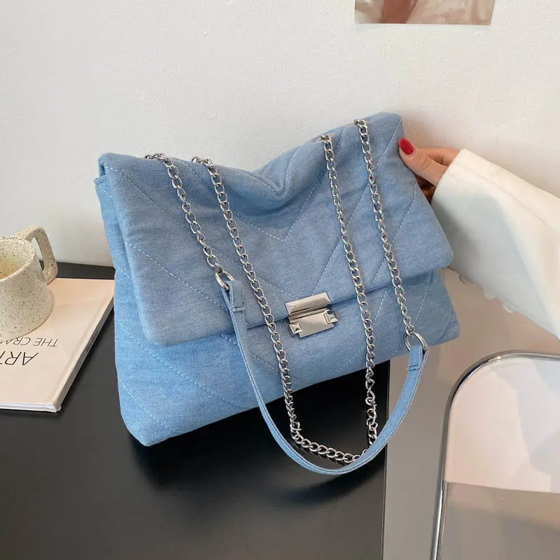 Summer denim blue canvas purses trendy big handbags for women's luxury ladies purse shoulder chain bags