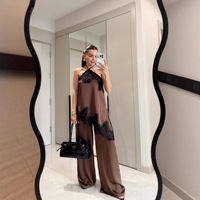 Ensemble Camisole et Pantalon Asymétrique en Satin avec Dentelle Patchwork, Nouvelle Collection Été, Style Doux et Séduisant, Vente en Gros pour Boutiques, pour Femme
