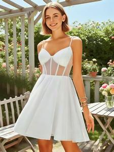 LY-PD0147モダンなイブニングドレス女性用セクシーノースリーブ膝丈パーティーガウンVネックシフォントップコルセット天然プロムスカート - Product Image 3