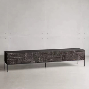 Meuble TV rétro armoire de rangement en bois massif lumière intégrée luxe haut de gamme petit appartement armoire latérale noire au sol - Product Image 5