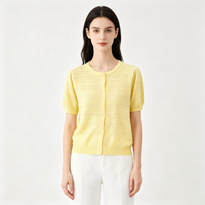 <span class=keywords><strong>Cardigan</strong></span> <span class=keywords><strong>Giallo</strong></span> in Maglia per Uso Quotidiano, Camicetta Lavorata a Maglia da <span class=keywords><strong>Donna</strong></span> con Maniche Corte e Collo Tondo, Abbigliamento in Maglia - Product Image 1