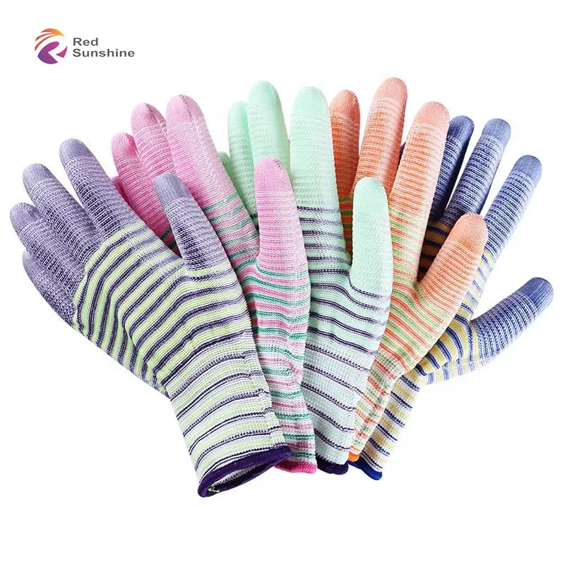 Beautiful Stripe Printing Women Children Style Gardening PU Coated ESD Gloves Safety Work Carbon Fiber Antistatic PU Gloves