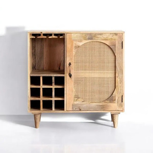 Meuble bar moderne en bois de manguier massif avec porte en rotin et rangement à vin, design autoportant, fabriqué au Vietnam - Product Image 2