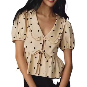Chemise Ohsisa 2025 pour femme, nouvelle collection printemps-été, motif à pois, carreaux et couleur unie, manches courtes, col Claudine à lacets - Product Image 1