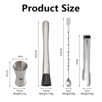 Ensemble professionnel de 4 outils de bar en acier inoxydable avec doseur, pilon à cocktail, cuillère à mélanger et pinces à glace pour kit de barman