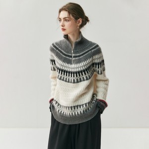 Suéter de cachemira para mujer, tejido jacquard, con media cremallera, cuello alto, grueso, para invierno, estilo Fair Isle, tipo cárdigan. - Product Image 4