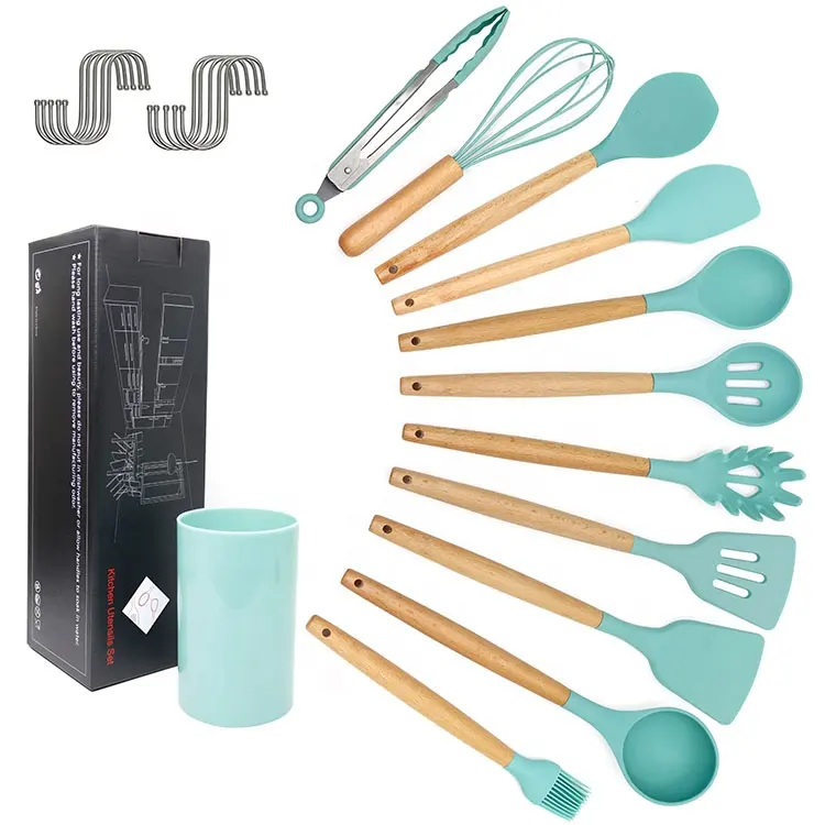 2020 Kitchen Accessory Wholesale Silicone Kitchen Cooking Utensils Stocked Wood Handle 11 Pieces Silicone Kitchen Utensils