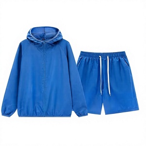 Ensemble veste coupe-vent à capuche bleue unisexe avec short, fermeture éclair résistante à l'eau, taille élastique, toutes saisons, coupe régulière, toutes tailles - Product Image 1
