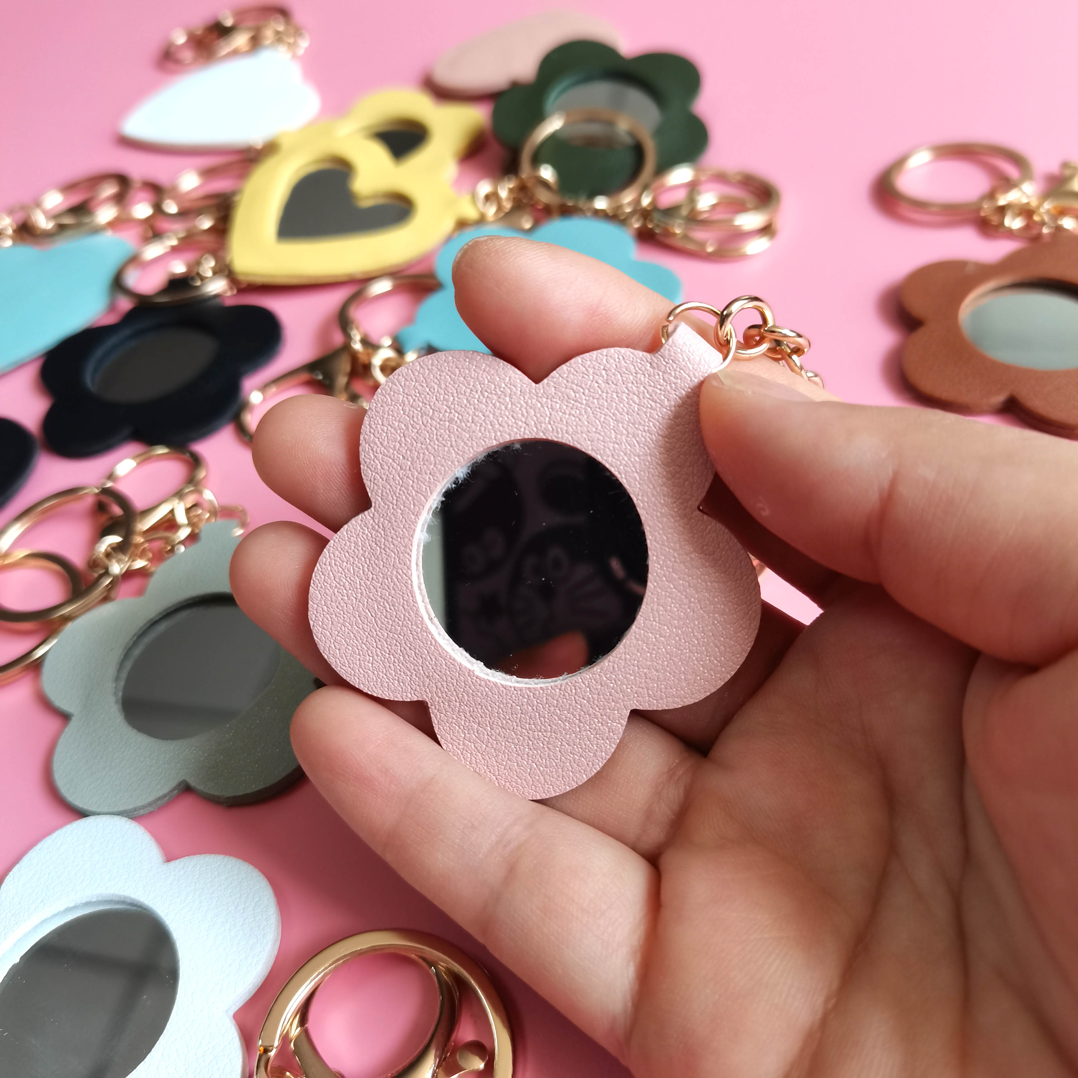 Sweet Heart Shaped PU Leather Pocket Mirror with Key Chain