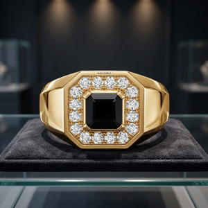 Anillo de Sello Minimalista de Oro Amarillo para Hombre con Diamante Negro de Corte Asscher Natural y Halo de Diamantes Blancos, Regalo de Boda y Compromiso, 10K 14K - Product Image 1