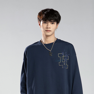 <span class=keywords><strong>T</strong></span>-<span class=keywords><strong>Shirt</strong></span> in Cotone 100% Lavorato a Maglia, Stile Americano Retrò, Ricamo in Porcellana Blu e <span class=keywords><strong>Bianca</strong></span>, Vestibilità Ultra-Loose, Manica Lunga, Unisex, Primavera-Autunno - Product Image 6