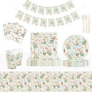 DAMAI - Vajilla de Papel para Fiesta de Pascua, Platos, Vasos y Servilletas con Diseño de Conejo Verde y Flores Primaverales, para 8 Personas - Product Image 4