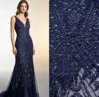 Tissu en dentelle de luxe bleu marine avec fleurs 3D, perles et sequins pour robe de soirée Asoebi, plusieurs couleurs, en stock, livraison rapide
