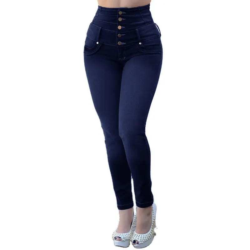 Celana Jeans Kurus Wanita, Celana Pensil Denim Biru Pinggang Tinggi Regang