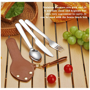 <b>Camping</b> PU leather cutlery bag keychain portable three-piece cutlery <b>storage</b> bag for students and outdoor travel - Product Image 4