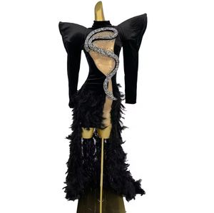 デザイナーショルダーパッドスネークラインストーンボールガウン女性用羽毛舞台パフォーマンスプロムロングドレスイブニングパーティーマーメイドドレス - Product Image 3