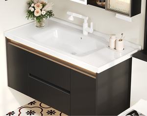 Mueble de baño negro para montar en la pared, estilo moderno minimalista, con espejo inteligente y lavabo integrado - Product Image 3