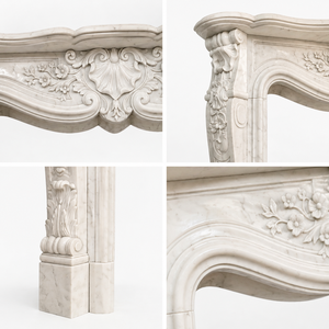 Chimenea tradicional de mármol con tallado ornamentado, de mármol blanco, para interiores, con estufa de leña para comedor. - Product Image 3