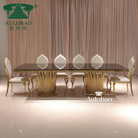 Table à manger en acier inoxydable avec plateau en verre trempé et piétement doré – Mobilier moderne pour hôtels, mariages et événements