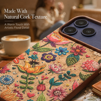 Funda de Corcho de Lujo con Bordado para Apple Serie 18 17 16 15 14, Carga Inalámbrica Magnética, Cubierta de Madera Ecológica