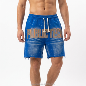 Pantalones cortos de chándal desgastados para hombre, pantalones cortos de algodón lavado con ácido desteñidos al sol, pantalones cortos de diseño con estampado de diamantes de imitación - Product Image 3