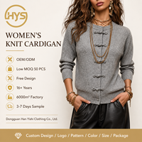 Kardigan Rajut Wanita Warna Abu-abu Heather, Kancing Ikat, Kerah Bulat, Lengan Panjang, Lis Bergaris, Slim Fit, Buatan Pabrik