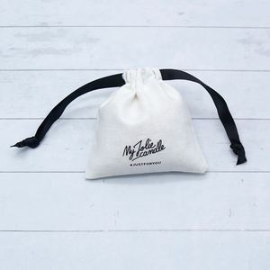 Custom logo Pouch Wholesale Ring Pouch Cotton Linen Drawstring White Pouch with <b>Black</b> <b>String</b> - Product Image 2